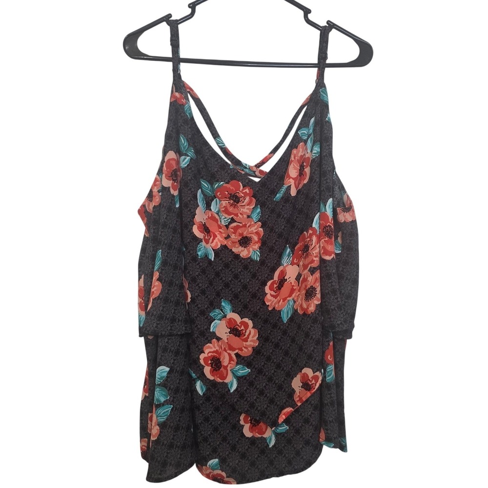 Torrid Size 4 Cold Shoulder Floral Lattice Strappy Tiered Blouse 4X Coral Teal